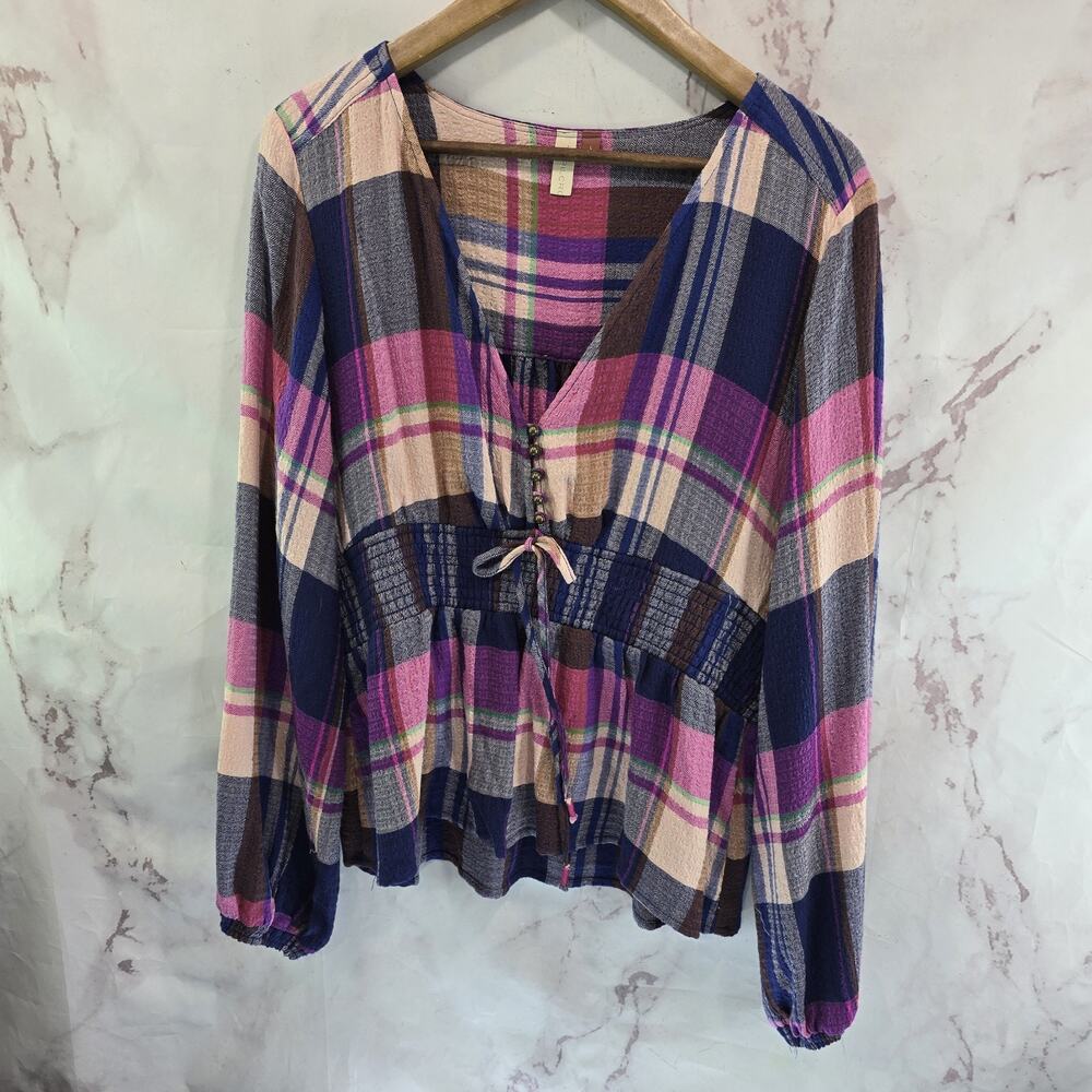 Anthropologie Shirt Womens Large Pink Orange Flannel Pilcro Plaid Long Sleeve